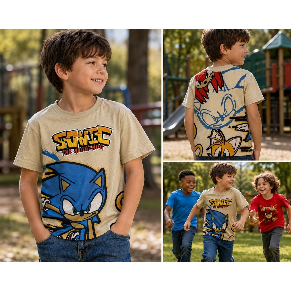 Sonic the Hedgehog Embroidered Graphic Tee Kids 6/7 Freeze Sega Beige